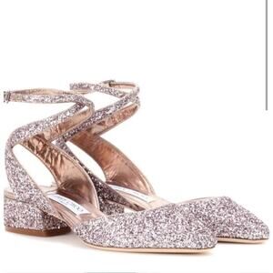 Jimmy Choo Vicky Coarse Glitter Rose Gold Ankle Wrap Ballet Pumps 38.5